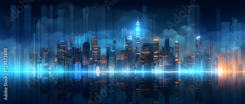 Illustration of a modern futuristic smart city concept with abstract bright lights against a blue background. Showcases cityscape urban architecture, emphasizing a futuristic technology city concept. photo