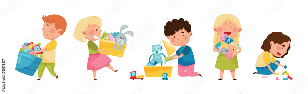 Funny Kids Playing with Different Toys in Playroom Vector Set Funny Kids Playing with Different Toys in Playroom Vector Set
