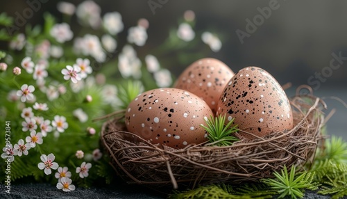 Vibrant easter eggs and beautiful spring flowers with copy space for text on background