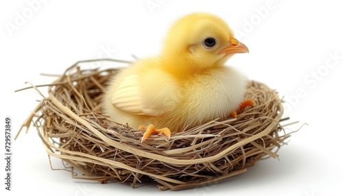 Easter eggs in nest with cute yellow chick on white background   top view mockup