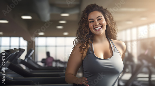 A radiant lady poses confidently in front of an indoor exercise equipment, showcasing her bright smile and stylish clothing, exuding a sense of empowerment and positivity