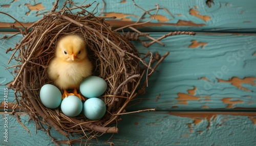 Easter eggs in nest with yellow cute chick on white background   top view mockup