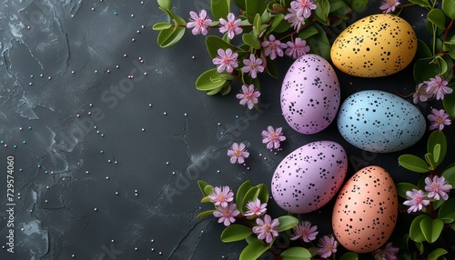 Colorful easter eggs and flowers with copy space for text, festive easter background