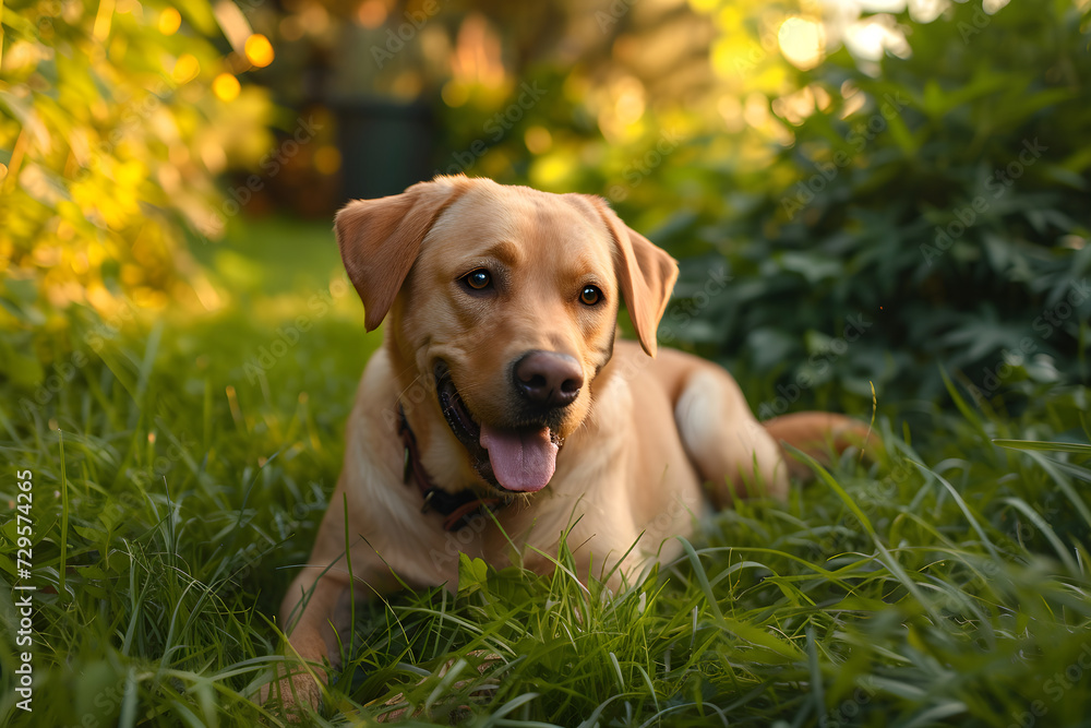 golden retriever, labrador puppy dog laying at the porch in the tall grass. pet ad. welcome home. happy smiling. golden hour. daylight., summer