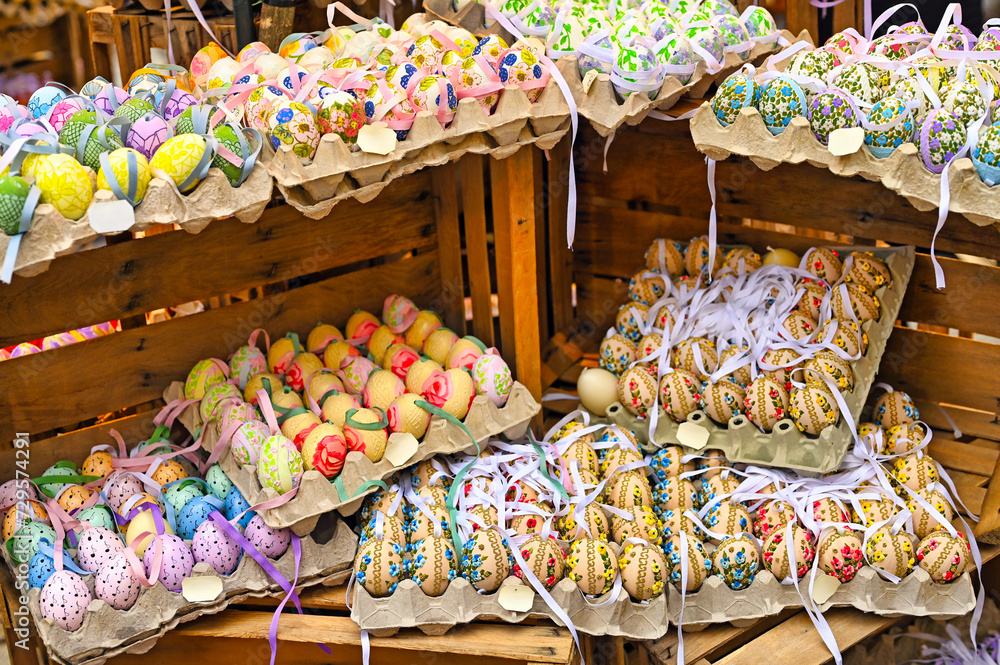 Painted Easter eggs in basket at the traditional market in Vienna Austria