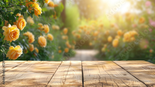 An empty tabletop in front of a blooming garden with yellow roses. display your product outdoors.