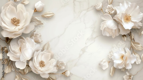 Luxurious white flowers set against a silk marble backdrop in a stunning 3D design, perfect for printing on walls and ceilings.