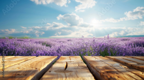 an empty tabletop against the background of a lavender field. display your product outdoors. lilac flowers.