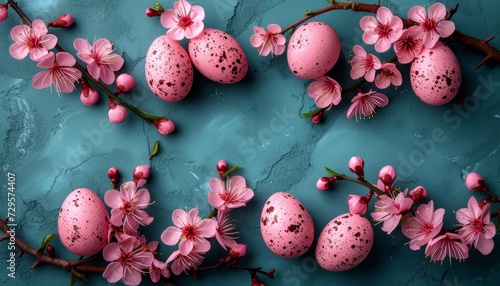 Vibrant easter eggs and spring flowers on textured background with space for adding text or designs