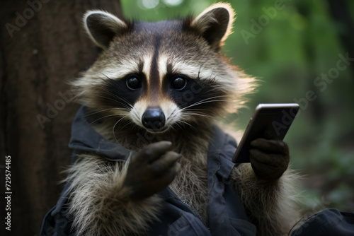The raccoon holds a mobile phone in its paw.