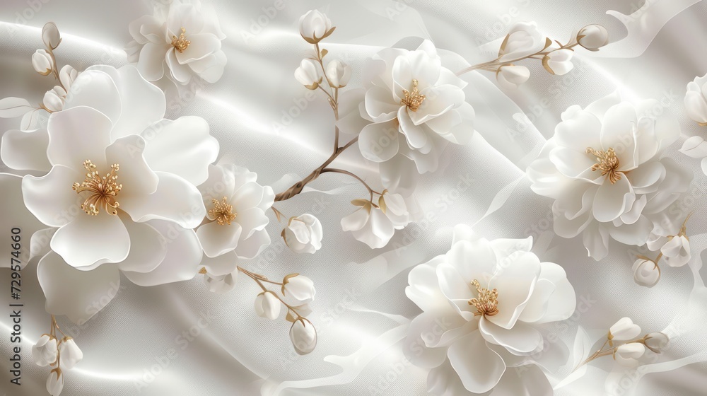 Luxurious 3D background featuring elegant white flowers against a silk backdrop, perfect for printing on walls and ceilings. Luxurious 3D background featuring elegant white flowers against a silk backdrop, perfect for printing on walls and ceilings.