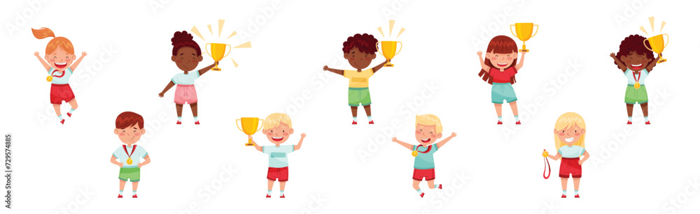 Cute Kids Winner Holding Trophy Cup and Medal Vector Set Cute Kids Winner Holding Trophy Cup and Medal Vector Set