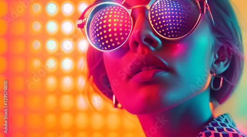 Surrealistic close up portrait retro fashion model, androgene person with sunglasses on geometric pop art background photo