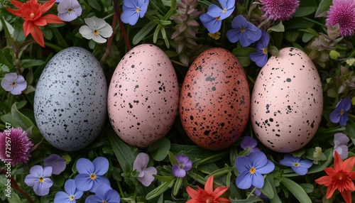 Festive easter eggs and blooming flowers on a background, ideal for text placement.