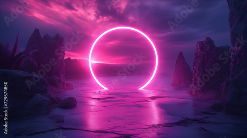 Extraterrestrial desert landscape at night with glowing neon circle symbolizing a portal to other worlds