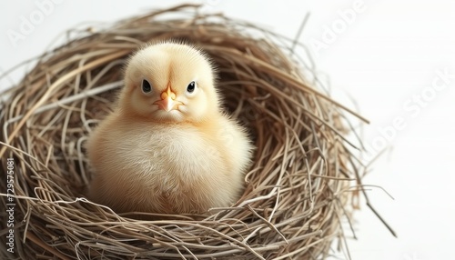 Easter eggs in nest with yellow cute chick on white background   top view mock up