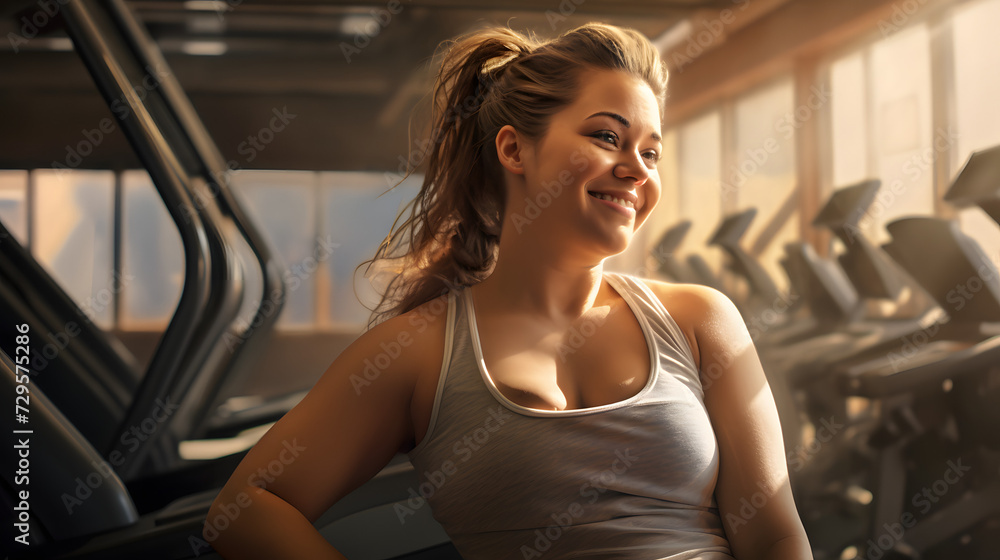 A stylish lady with a bright smile, wearing workout clothes and standing by exercise equipment in an indoor gym, exuding confidence and motivation A stylish lady with a bright smile, wearing workout clothes and standing by exercise equipment in an indoor gym, exuding confidence and motivation