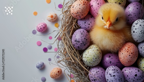 Easter eggs in nest with yellow cute chick on white background   top view mockup