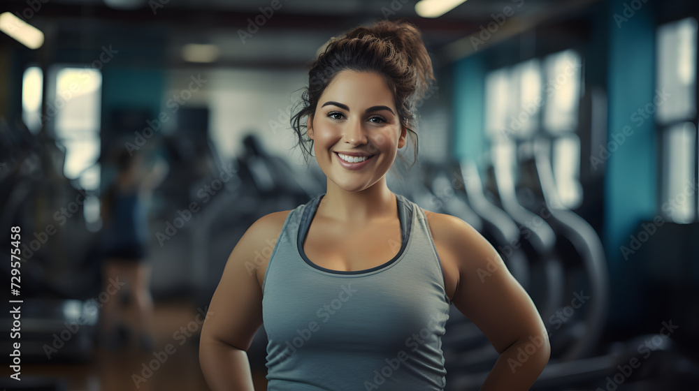 A fit and confident woman radiates joy as she showcases her toned physique in a sleeveless shirt at the gym, holding a dumbbell with a smile on her face