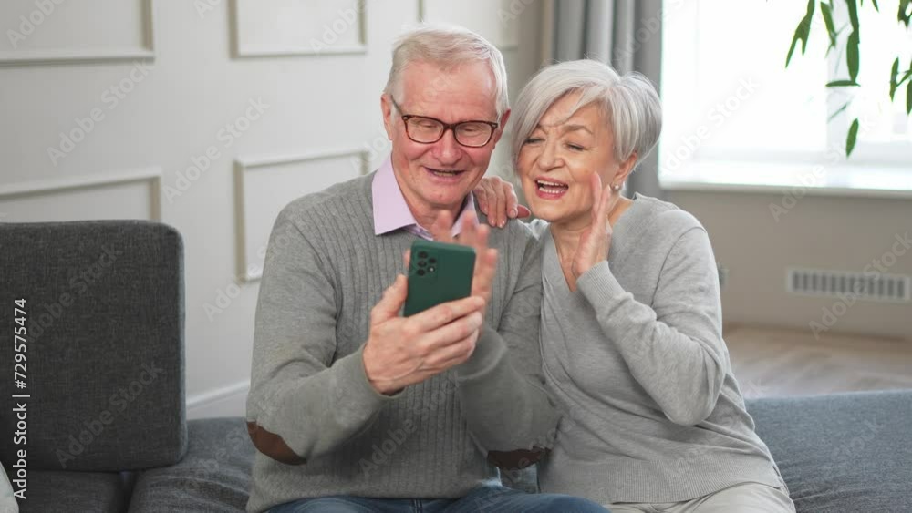 Video call. Happy senior couple woman man with smartphone having video call. Mature old grandmother grandfather talking speaking online. Older generation modern tech usage. Virtual meeting online chat Video call. Happy senior couple woman man with smartphone having video call. Mature old grandmother grandfather talking speaking online. Older generation modern tech usage. Virtual meeting online chat