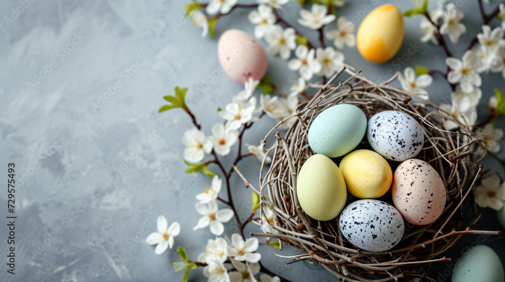 colorful easter eggs on a nest, decorated with buds and flowers, easter vibes