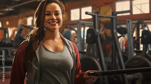 A stylish woman radiates confidence as she stands in a gym, her smiling face framed by her workout clothes and exercise equipment