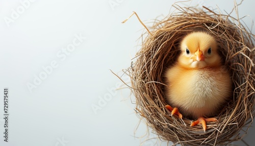 Easter eggs in nest with yellow cute chick on white background   top view mockup