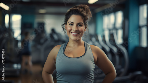 A fit and confident woman radiates joy as she showcases her toned physique in a sleeveless shirt at the gym  holding a dumbbell with a smile on her face