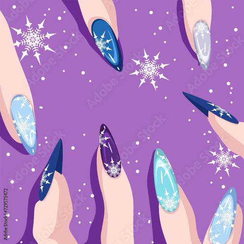 Women's fingers with winter manicure with snowflakes.