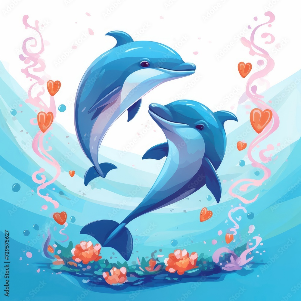 Obraz premium Illustration of two dolphins jumping on the waves on a white background.