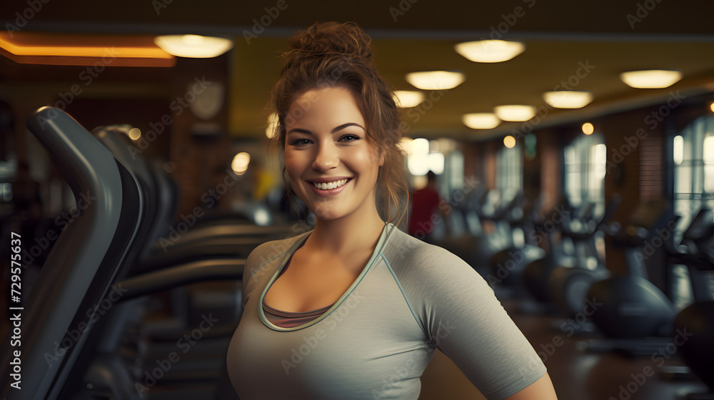 A confident woman proudly poses for the camera at the gym, showcasing her workout attire and exercise machine while flashing a bright smile A confident woman proudly poses for the camera at the gym, showcasing her workout attire and exercise machine while flashing a bright smile