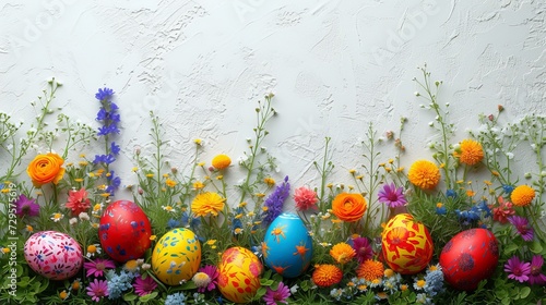 Easter table setting with painted eggs and floral decor on white background, flat laytext space.