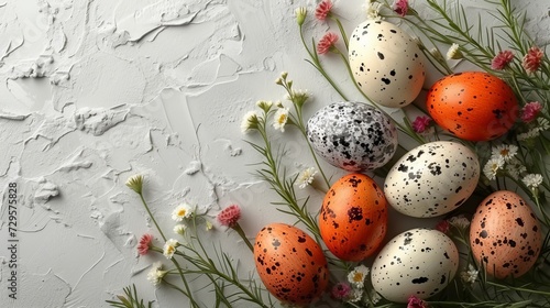 Festive easter table with painted eggs, floral decor, white backgroundflat lay, space for text. photo