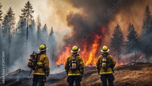 firefighters look at a forest fire