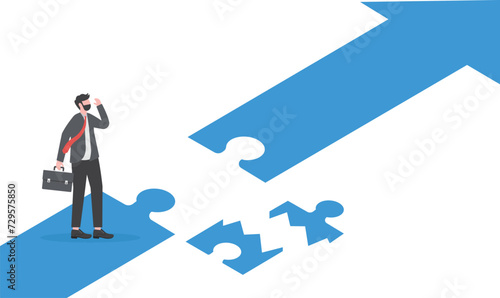 Business solutions and career paths destroyed .Businessman standing on arrow puzzle 