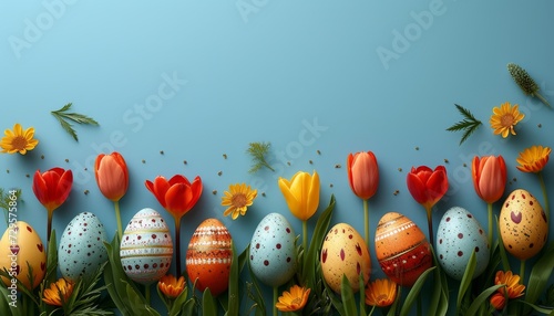 Vibrant easter eggs and beautiful flowers on festive background with copy space for text