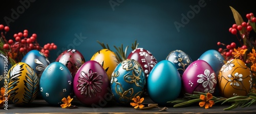 Colorful easter painted egg on wooden table, holiday background with decoupage eggs