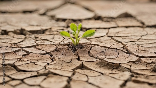 a green sprout sprouts in dry cracked earth