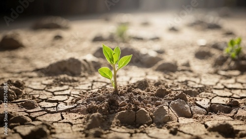 a green sprout sprouts in dry cracked earth