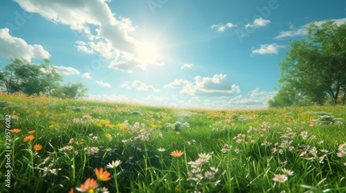 Beautiful natural spring landscape of a flower meadow on a clear sunny day. Lots of flowers and green grass. Blurred background with space for text. Close up photo