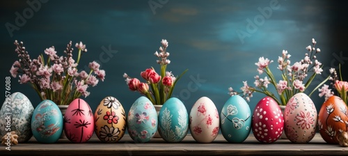 Colorful easter egg on wooden table, holiday decor with decoupage eggs on boards, space for text