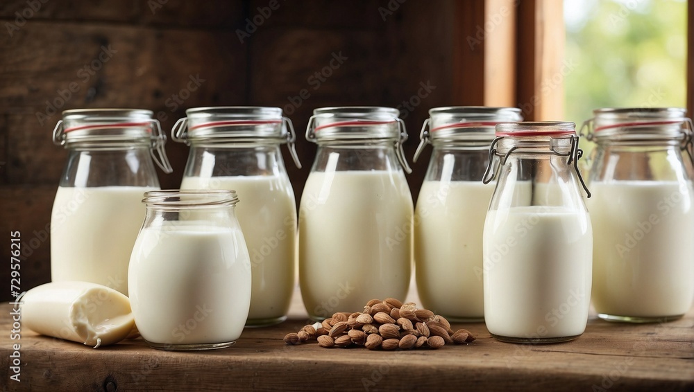 glass bottles with milk on the table
glass bottles with milk on the table