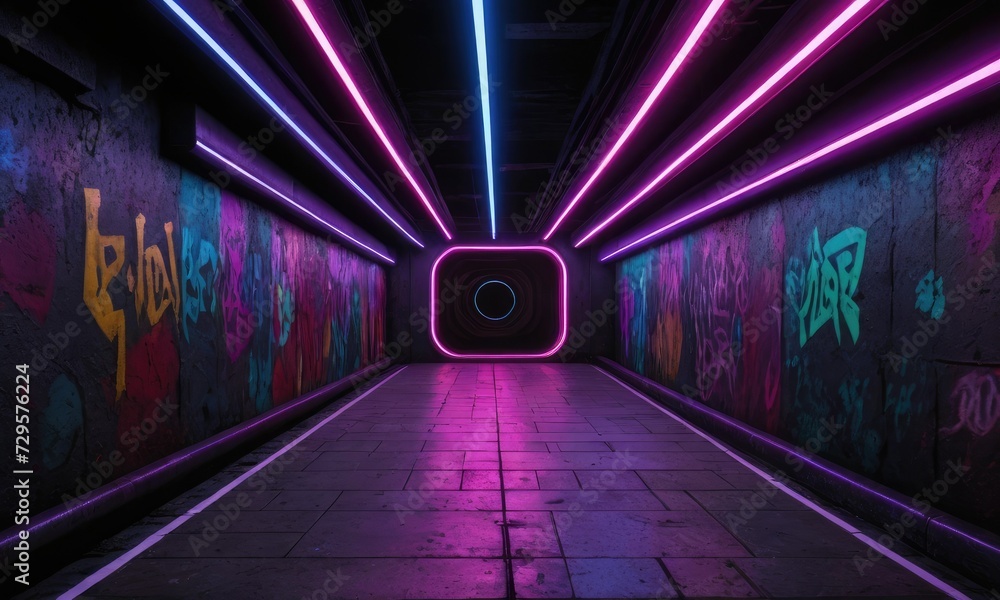 Luminescent Silence: Empty Underground Basks in Neon Glow