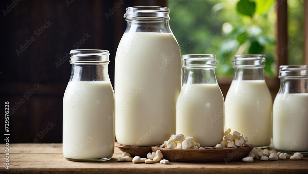glass bottles with milk on the table
glass bottles with milk on the table