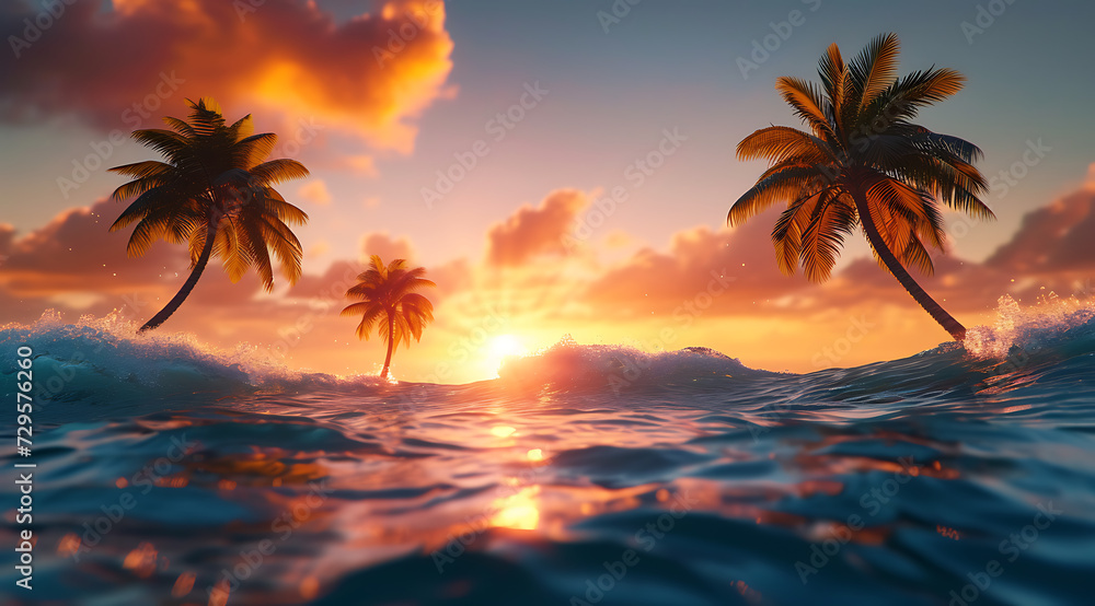 palm trees and sunset set back from the shore in