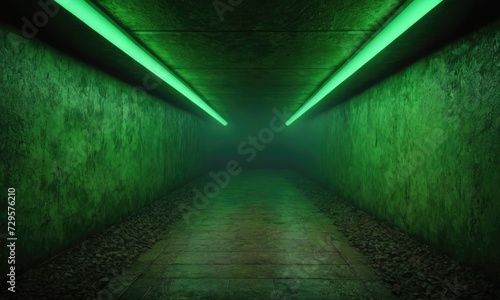 Urban Illumination: Empty Underground Awash in Green Neon Hues