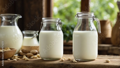 glass bottles with milk on the table 