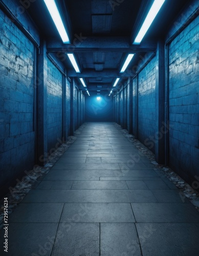 Glowing Isolation  Blue Neon-Lit Underground Elegance in Solitude