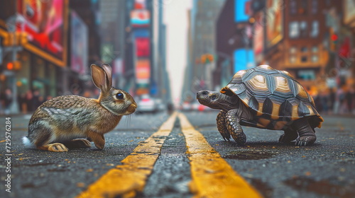 rabbit and tortoise face each other on a busy city road, bringing a classic rivalry to life in the midst of urban hustle