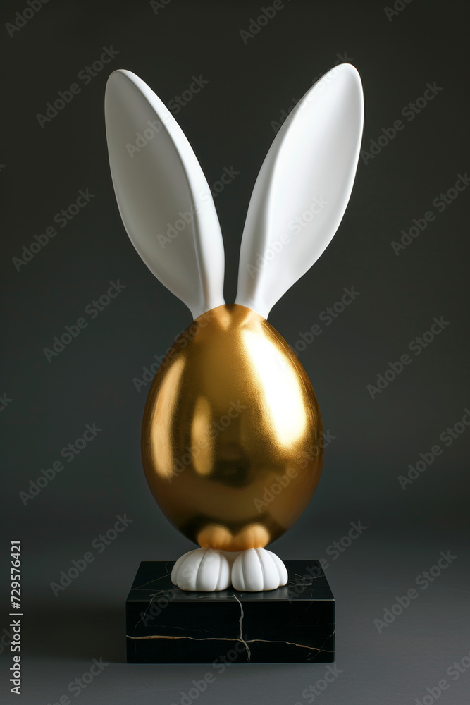 Obraz premium Luxury golden egg statue with white ears isolated against balck background. Humorous Easter celebration trophy. Simple and delightful design
